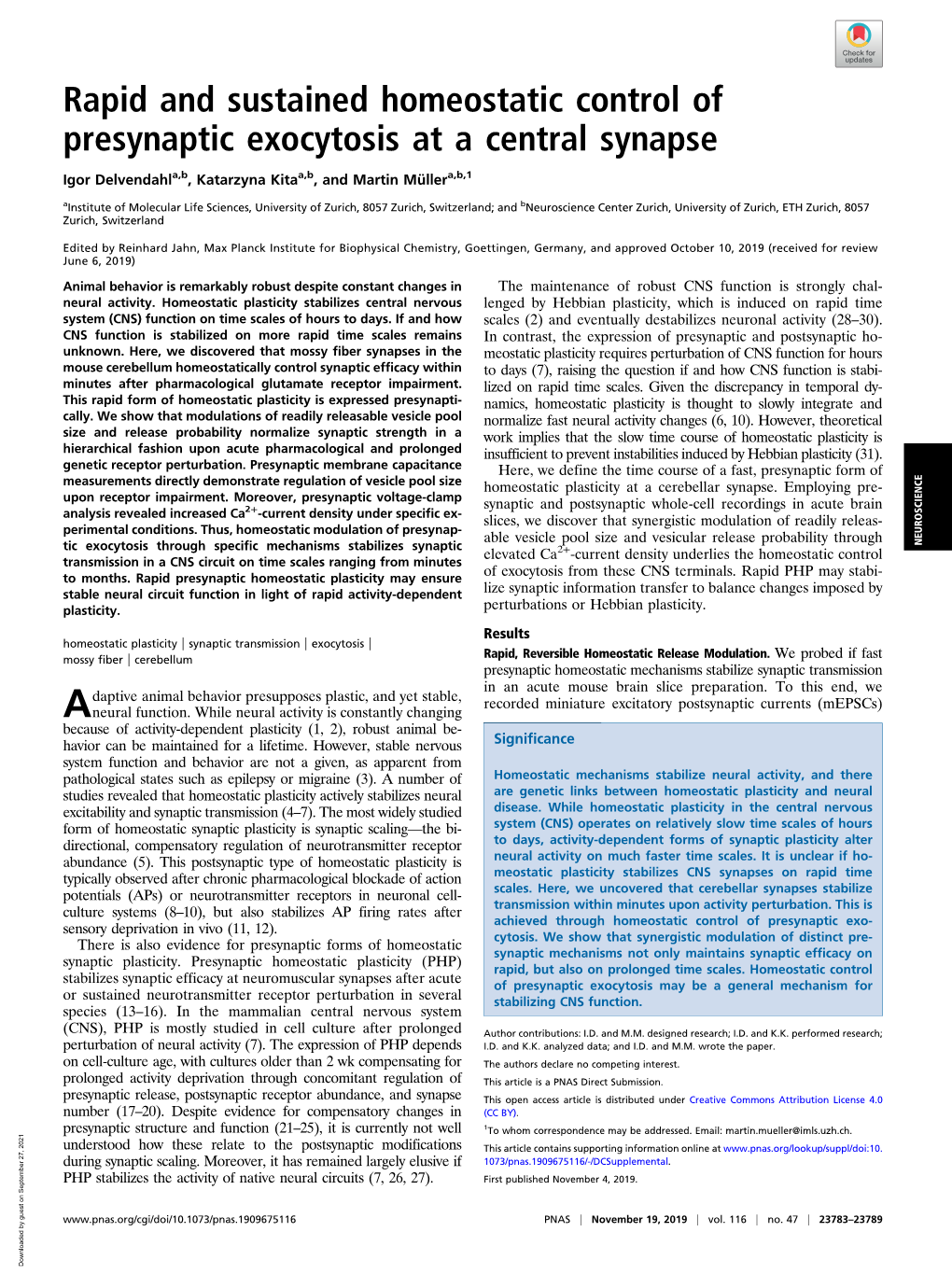 Rapid and Sustained Homeostatic Control of Presynaptic Exocytosis at a Central Synapse