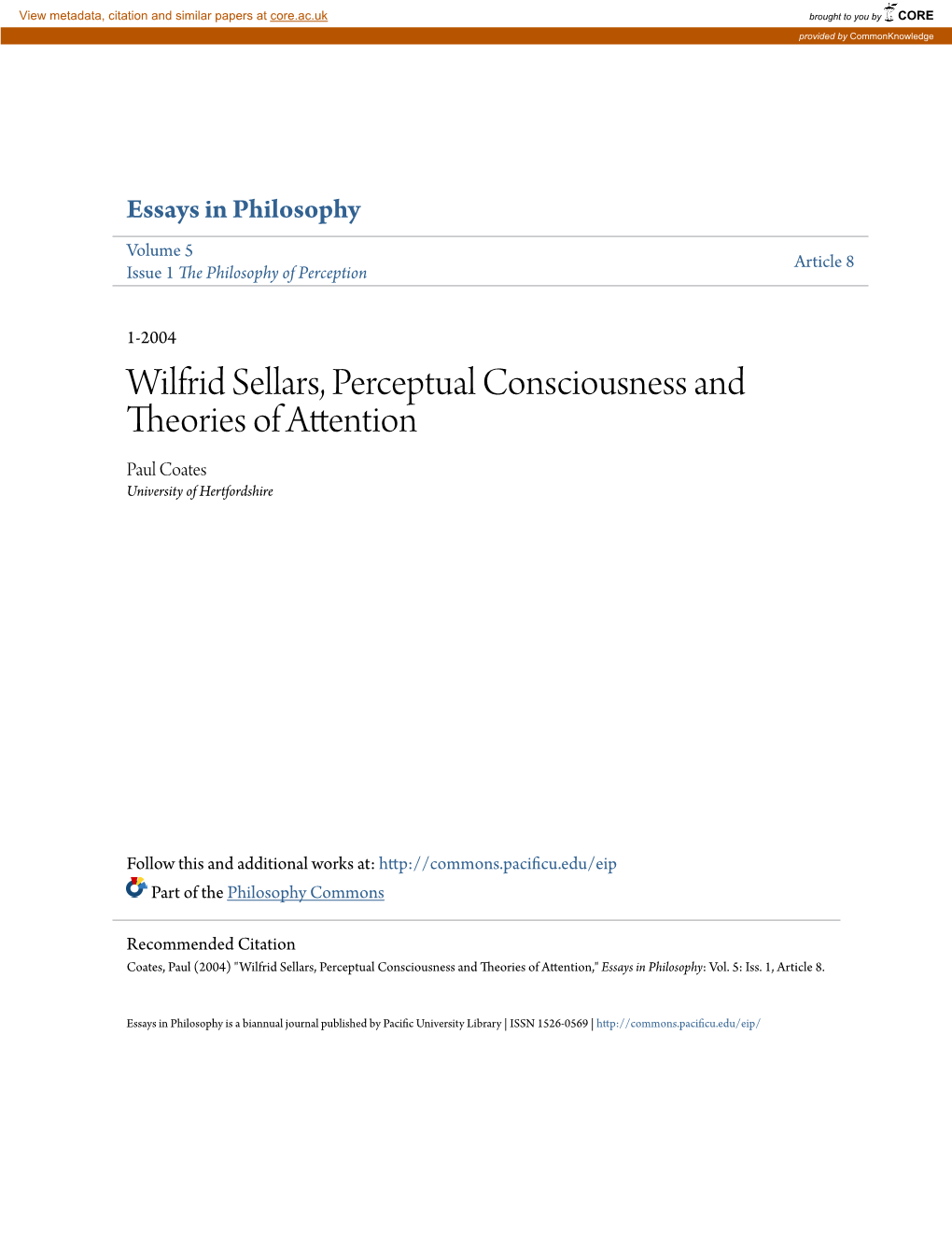 Wilfrid Sellars, Perceptual Consciousness and Theories of Attention Paul Coates University of Hertfordshire