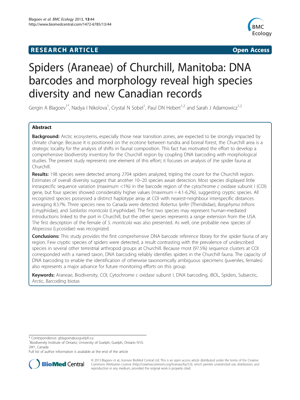 (Araneae) of Churchill, Manitoba: DNA Barcodes and Morphology Reveal