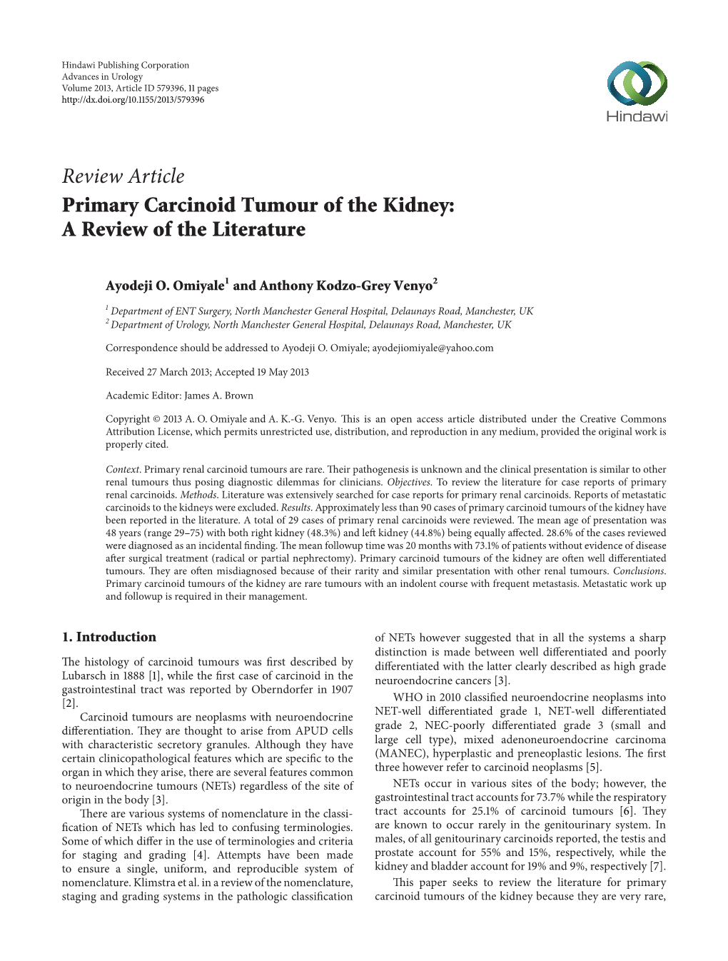 Review Article Primary Carcinoid Tumour of the Kidney: a Review of the Literature