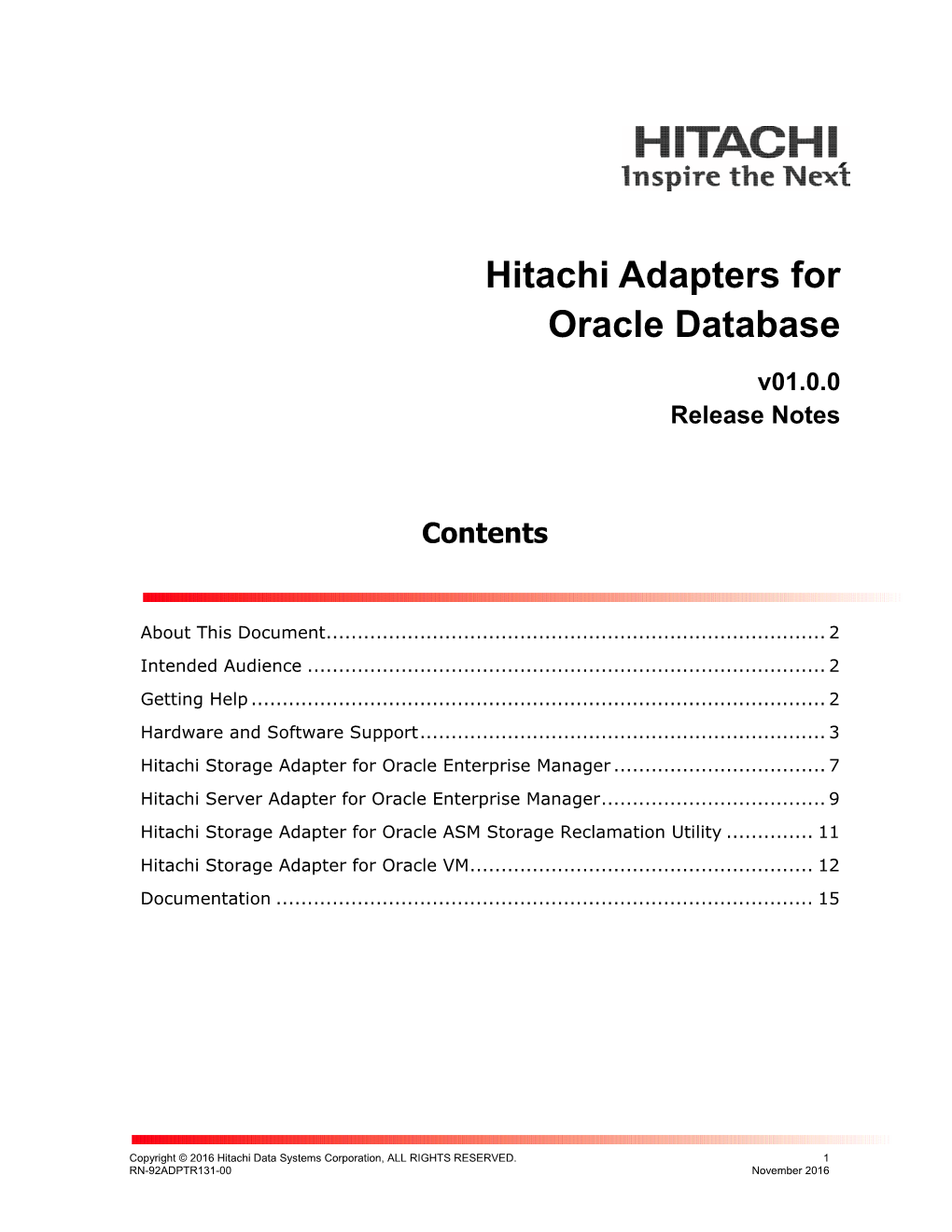 Hitachi Adapters for Oracle Database Release Notes