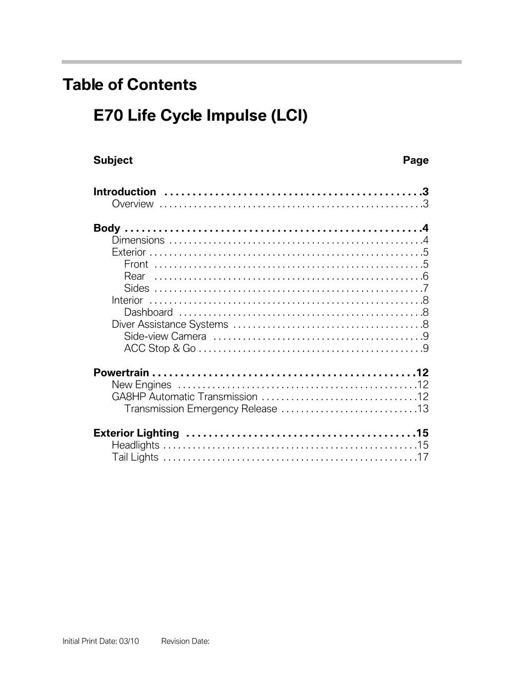 Table of Contents E70 Life Cycle Impulse (LCI)