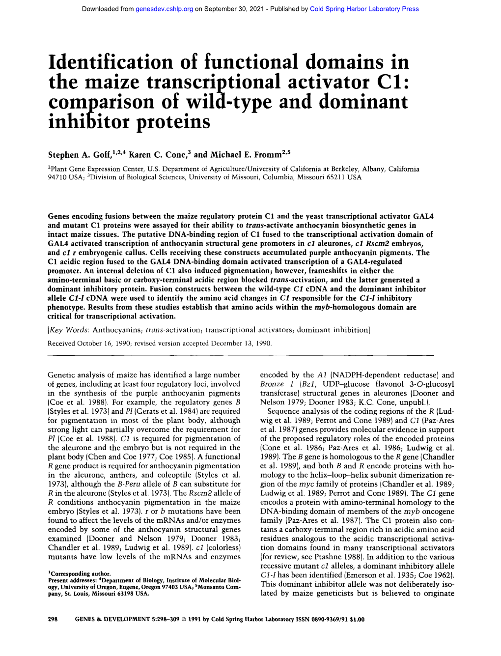 Identification of Functional Domains in the Maize Transcriptional Activator CI: Comparison of Wild-Type and Dominant Inhibitor Proteins