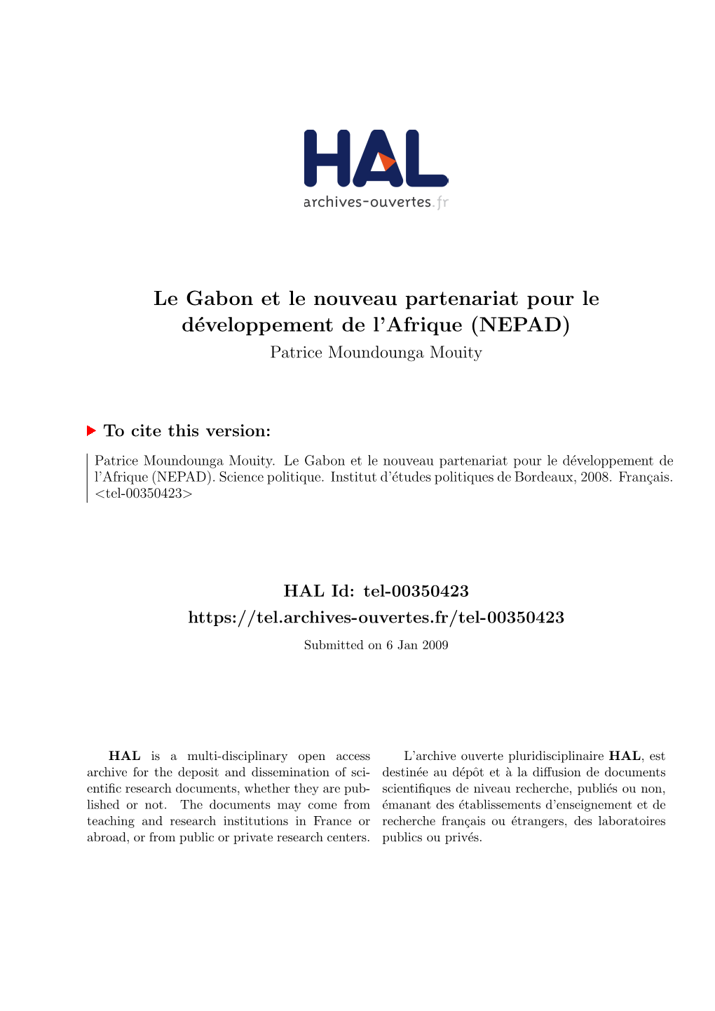 Le Gabon Et Le Nouveau Partenariat Pour Le Développement De L'afrique