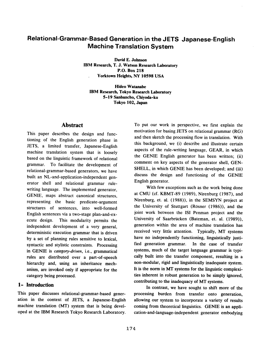 Relational-Grammar-Based Generation in the JETS Japanese-English Machine Translation System