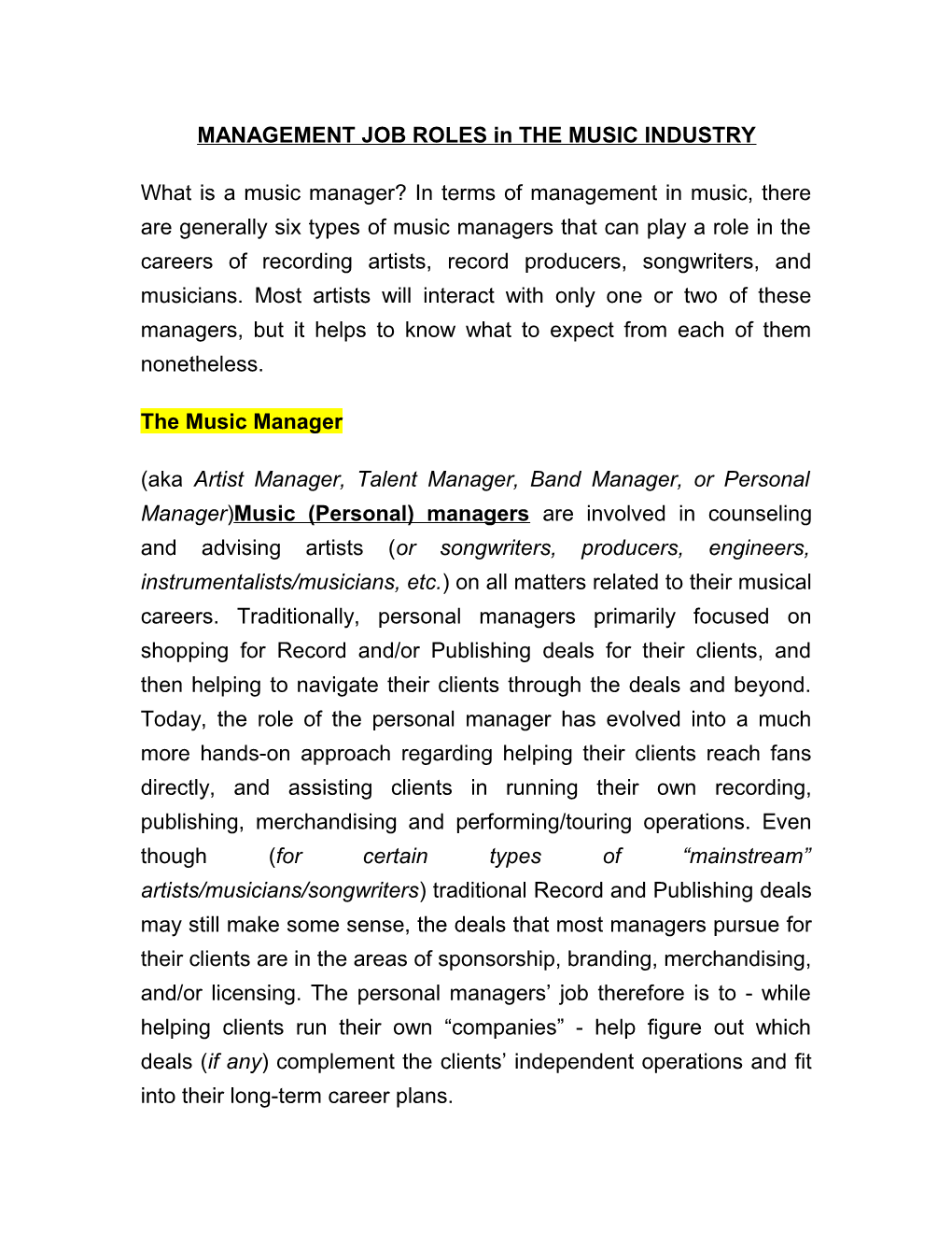 Management in Music and Management Roles