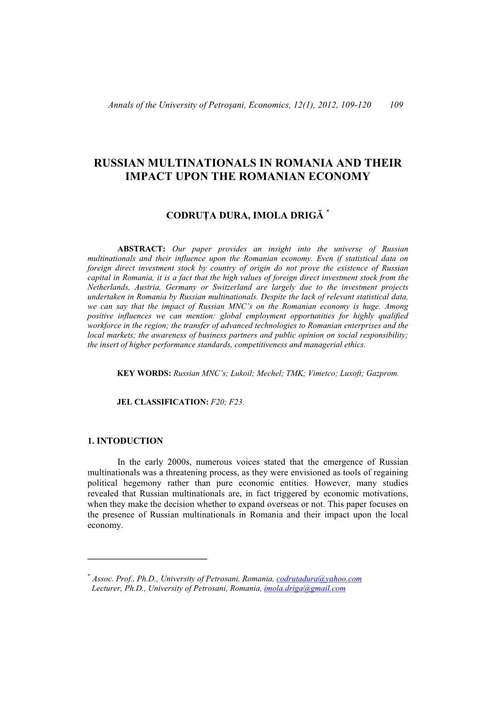 Drigă, I. Russian Multinationals in Romania and Their Impact Upon The