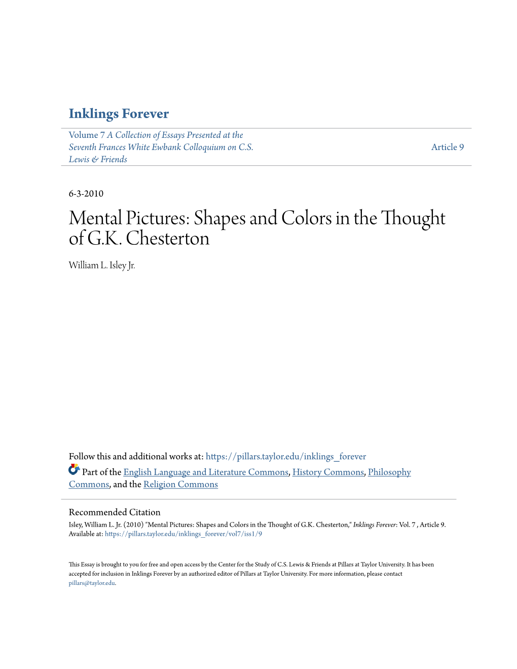 Mental Pictures: Shapes and Colors in the Thought of G.K. Chesterton William L