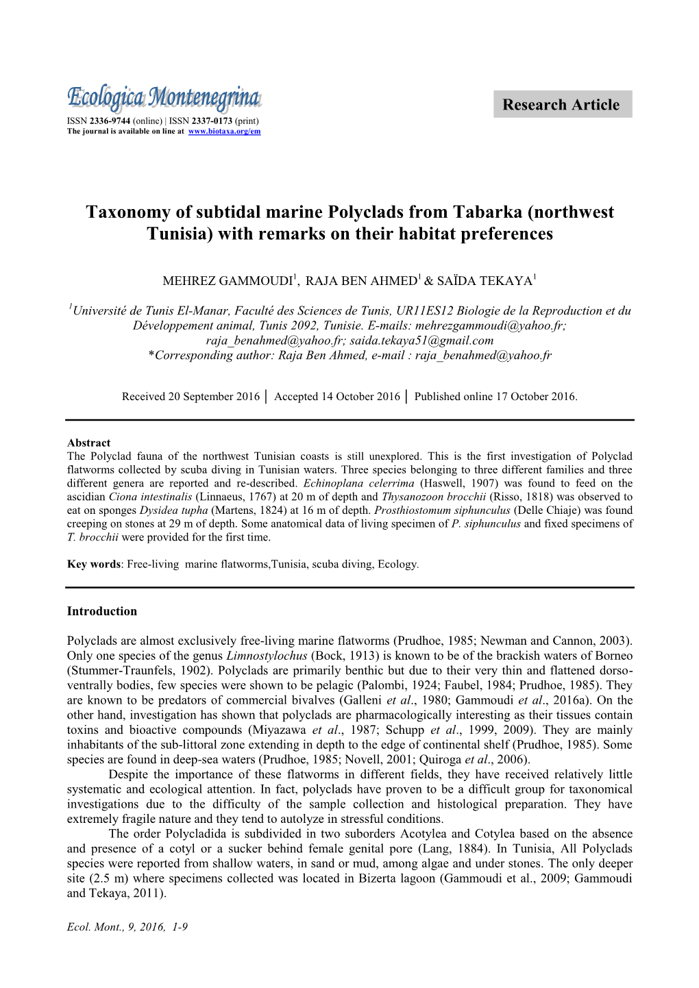 Taxonomy of Subtidal Marine Polyclads from Tabarka (Northwest Tunisia) with Remarks on Their Habitat Preferences