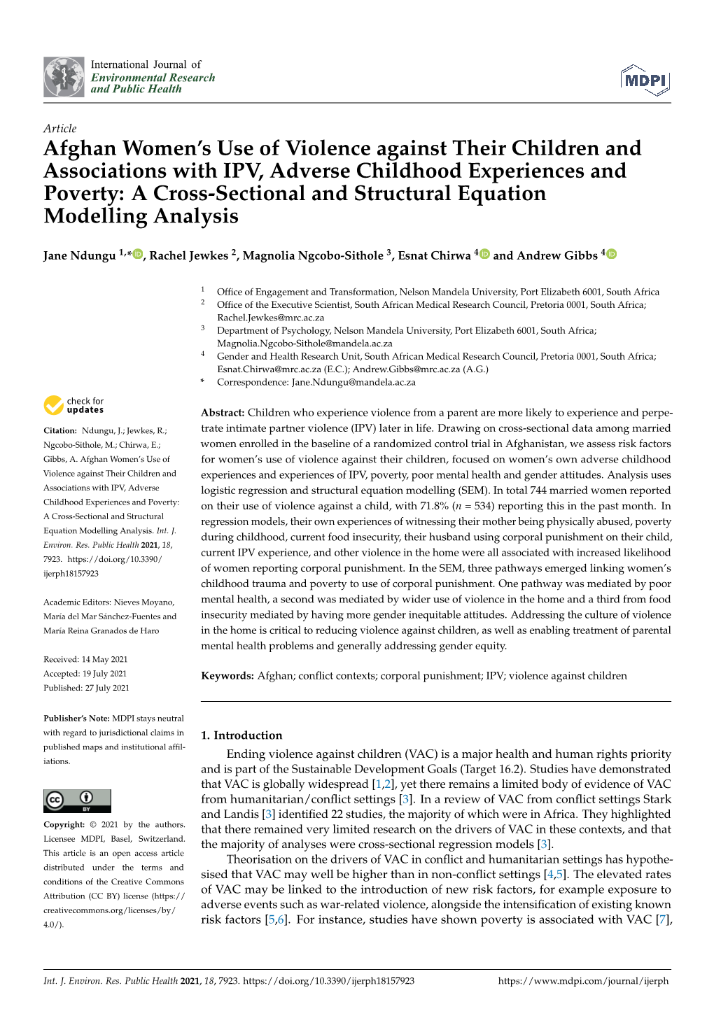 Afghan Women's Use of Violence Against Their Children and Associations with IPV, Adverse Childhood Experiences and Poverty