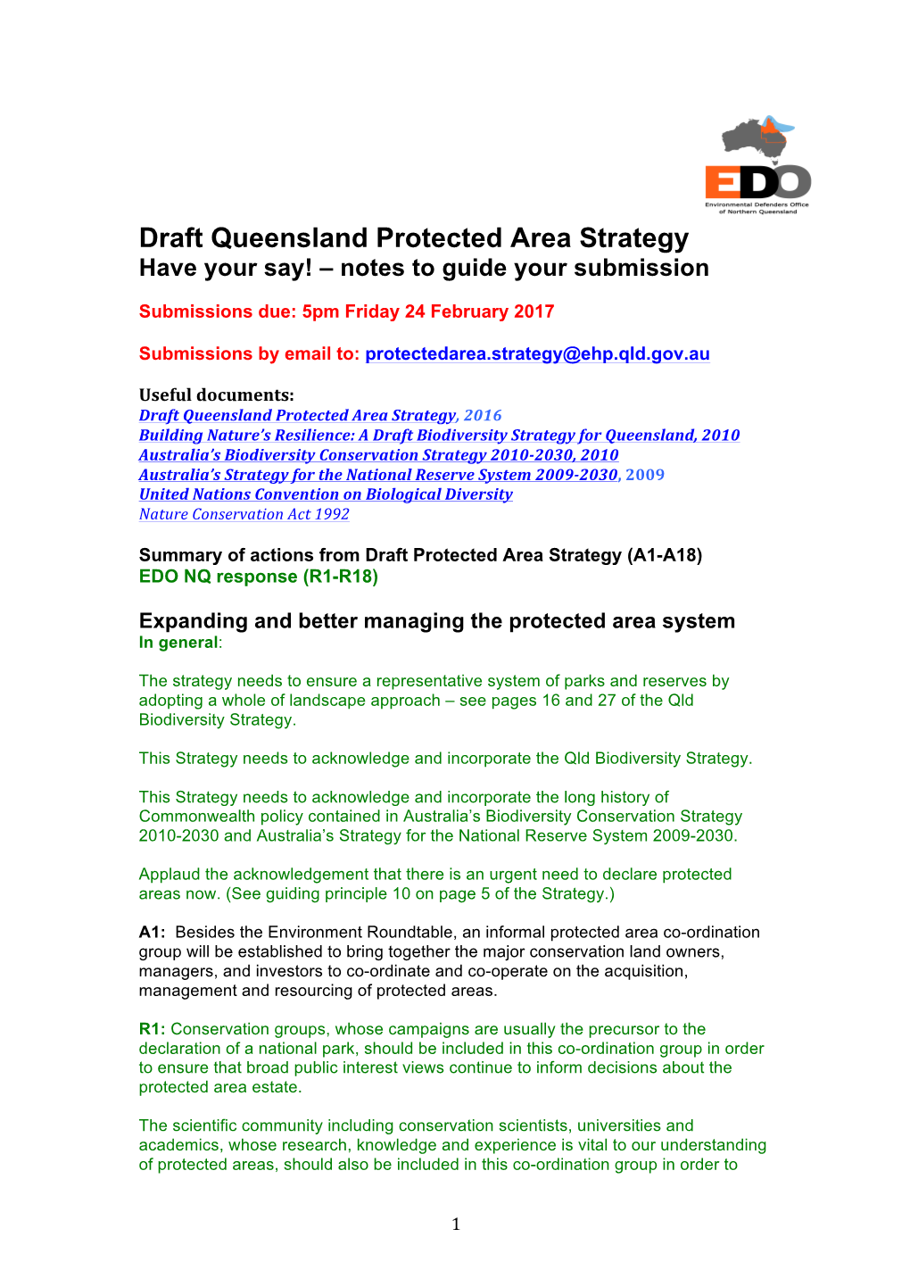 Draft Queensland Protected Area Strategy Have Your Say! – Notes to Guide Your Submission