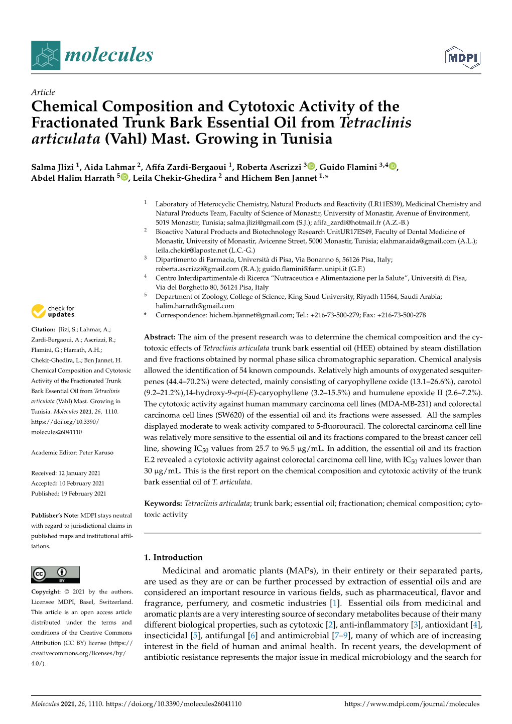 Chemical Composition and Cytotoxic Activity of the Fractionated Trunk Bark Essential Oil from Tetraclinis Articulata (Vahl) Mast