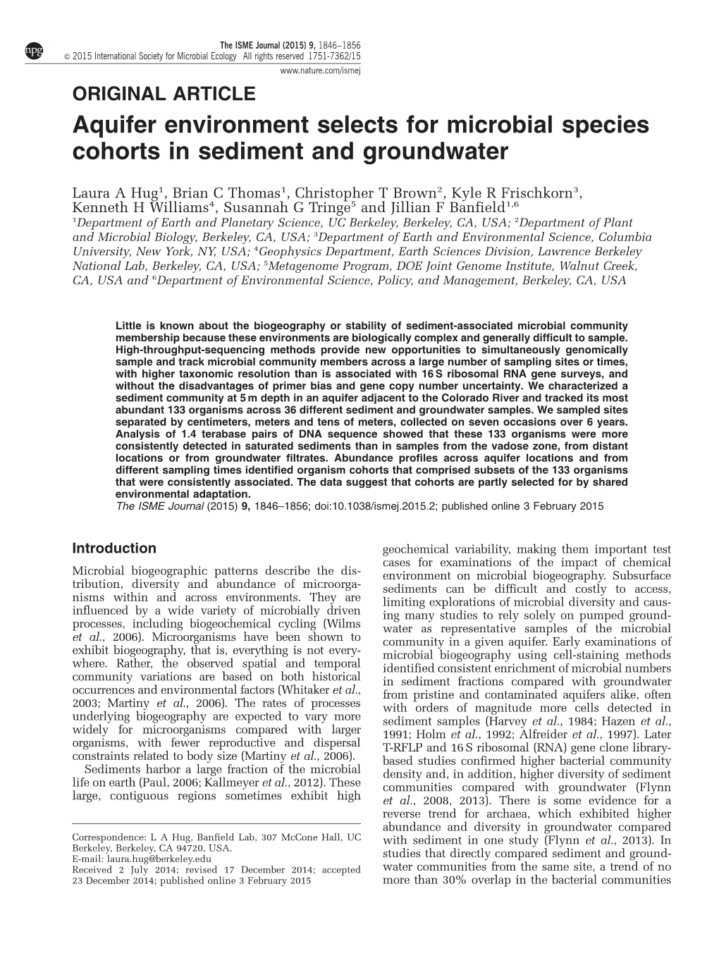 Aquifer Environment Selects for Microbial Species Cohorts in Sediment and Groundwater