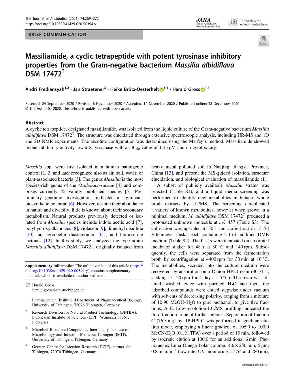 Massiliamide, a Cyclic Tetrapeptide with Potent Tyrosinase Inhibitory Properties from the Gram-Negative Bacterium Massilia Albidiﬂava DSM 17472T