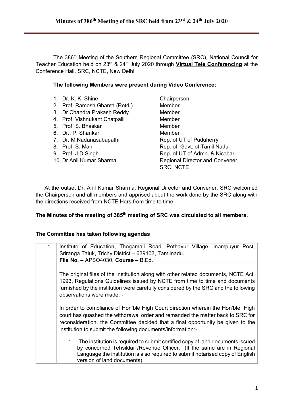 Minutes of 386Th Meeting of the SRC Held from 23Rd & 24Th July 2020