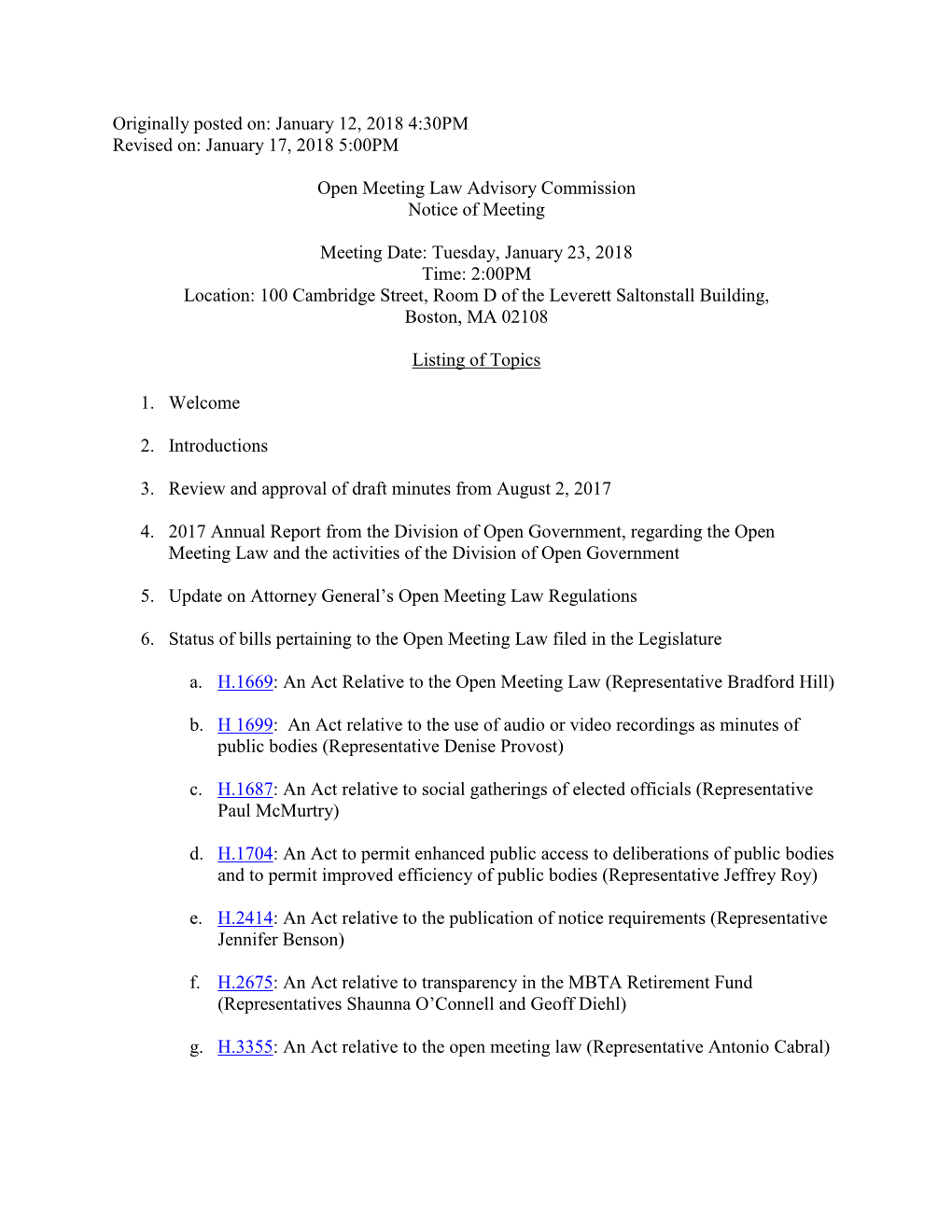 January 17, 2018 5:00PM Open Meeting Law Advisory Commission Notice Of