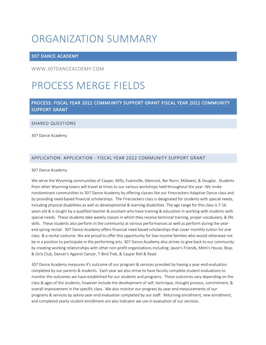 Organization Summary Process Merge Fields