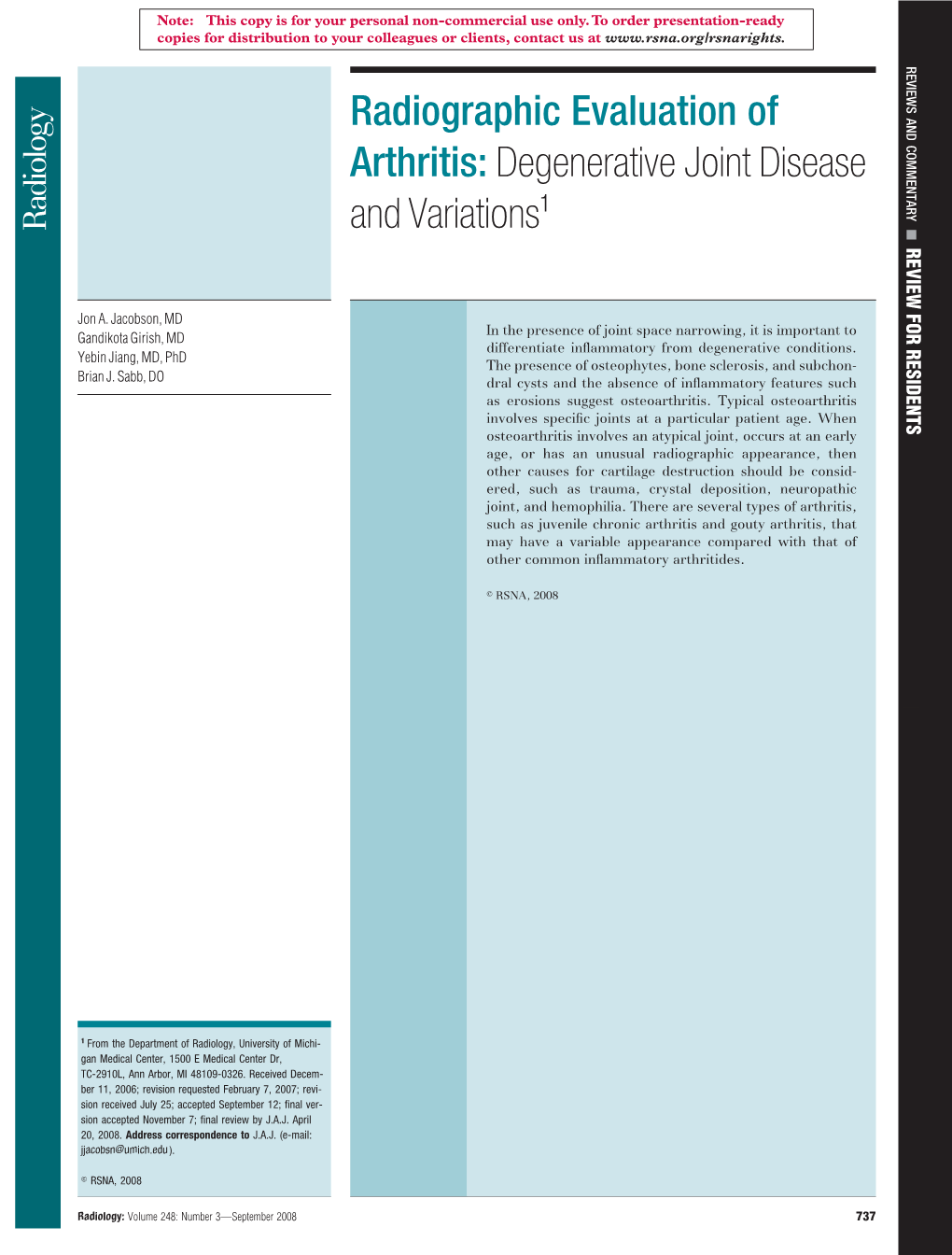 Radiographic Evaluation of Arthritis: Degenerative Joint Disease And