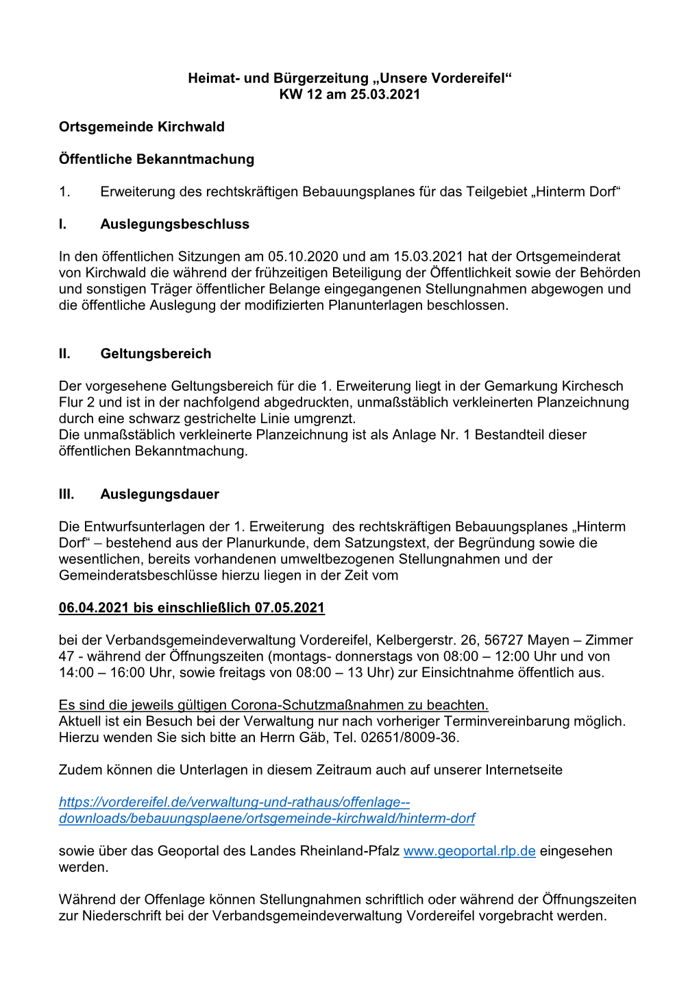 Heimat- Und Bürgerzeitung „Unsere Vordereifel“ KW 12 Am 25.03.2021