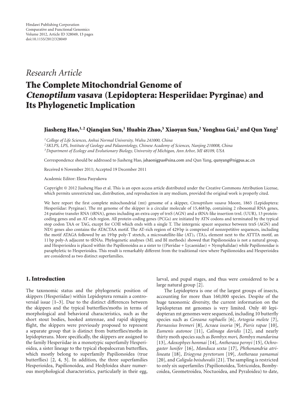 The Complete Mitochondrial Genome of Ctenoptilum Vasava (Lepidoptera: Hesperiidae: Pyrginae) and Its Phylogenetic Implication