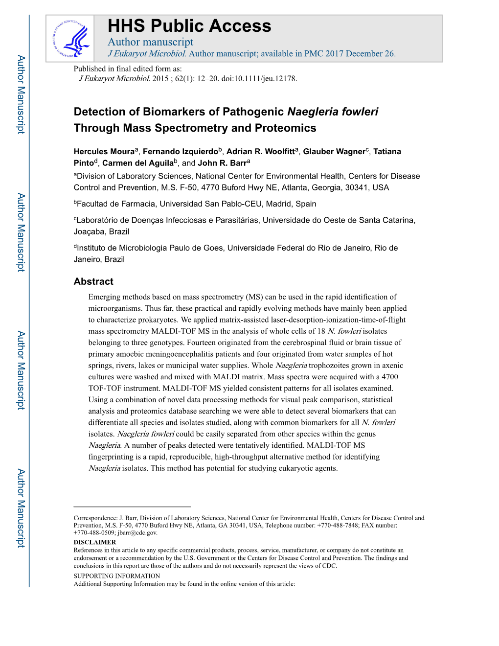 Detection of Biomarkers of Pathogenic Naegleria Fowleri Through Mass Spectrometry and Proteomics