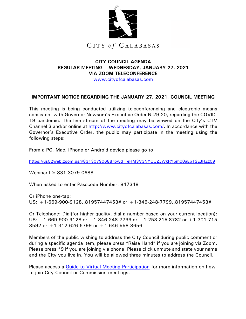 City Council Agenda Regular Meeting – Wednesday, January 27, 2021 Via Zoom Teleconference