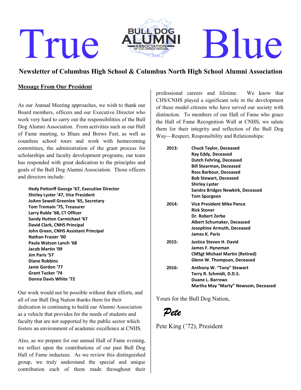 True Blue Newsletter of Columbus High School & Columbus North High School Alumni Association