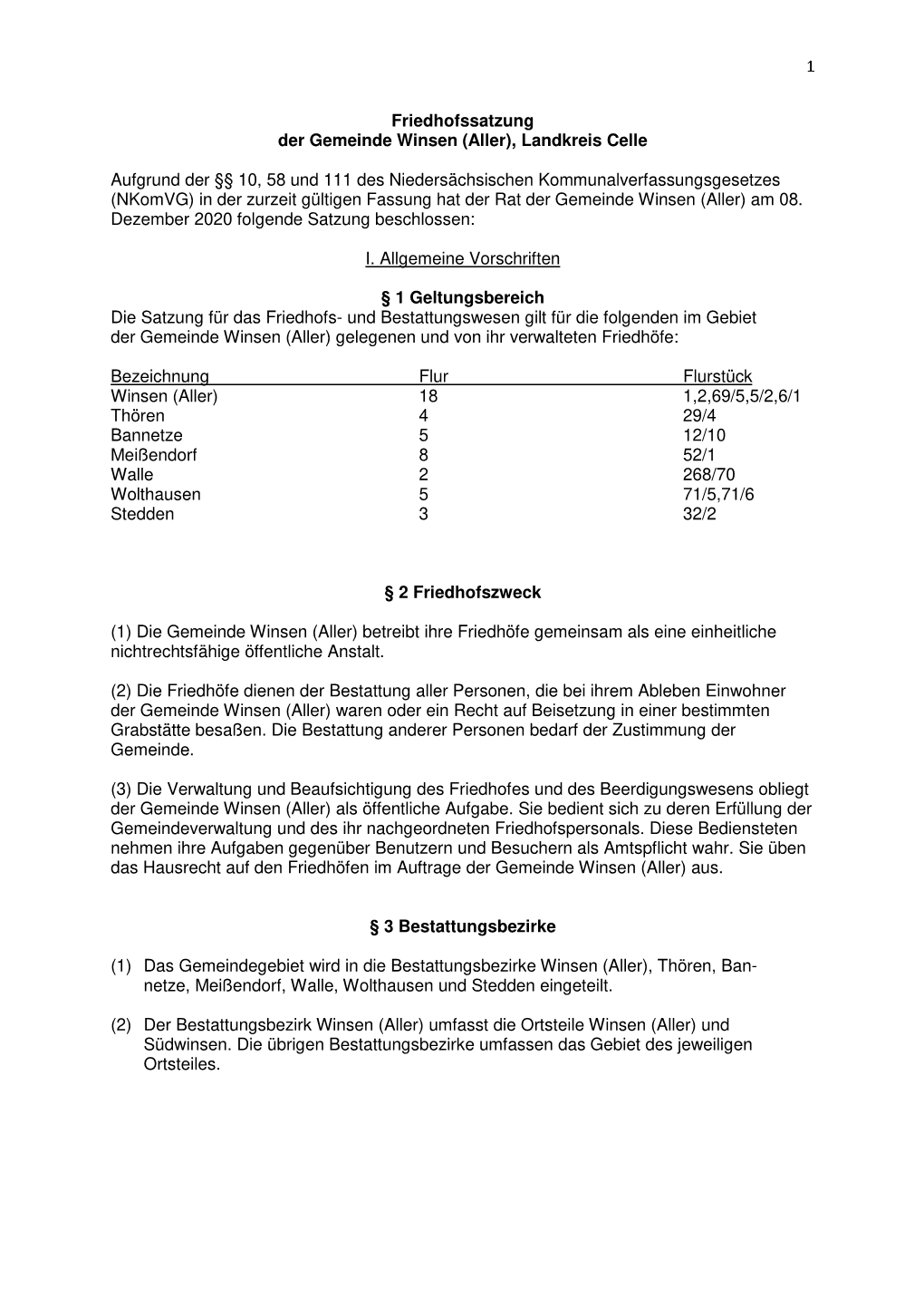 Friedhofssatzung Der Gemeinde Winsen (Aller), Landkreis Celle