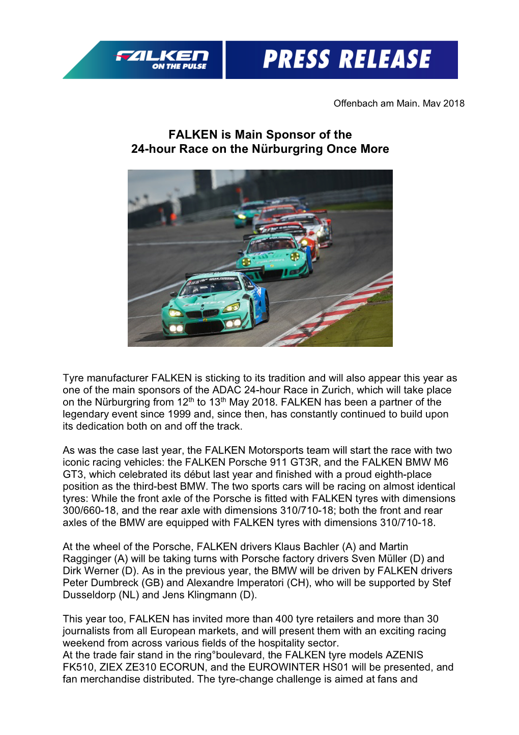 FALKEN Is Main Sponsor of the 24-Hour Race on the Nürburgring Once More