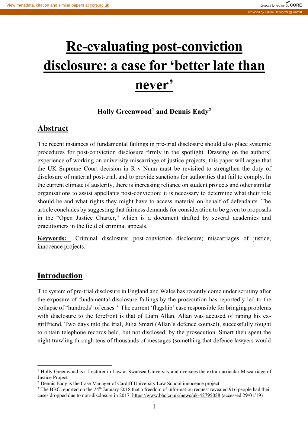 Re-Evaluating Post-Conviction Disclosure: a Case for ‘Better Late Than Never’