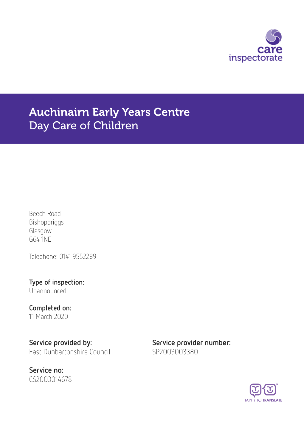 Auchinairn Early Years Centre Day Care of Children