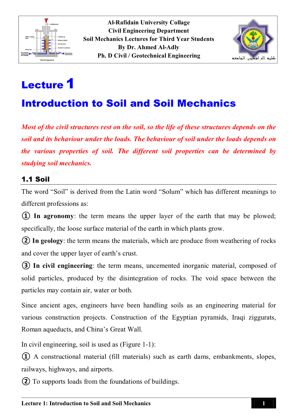 Lecture 1 Introduction to Soil and Soil Mechanics