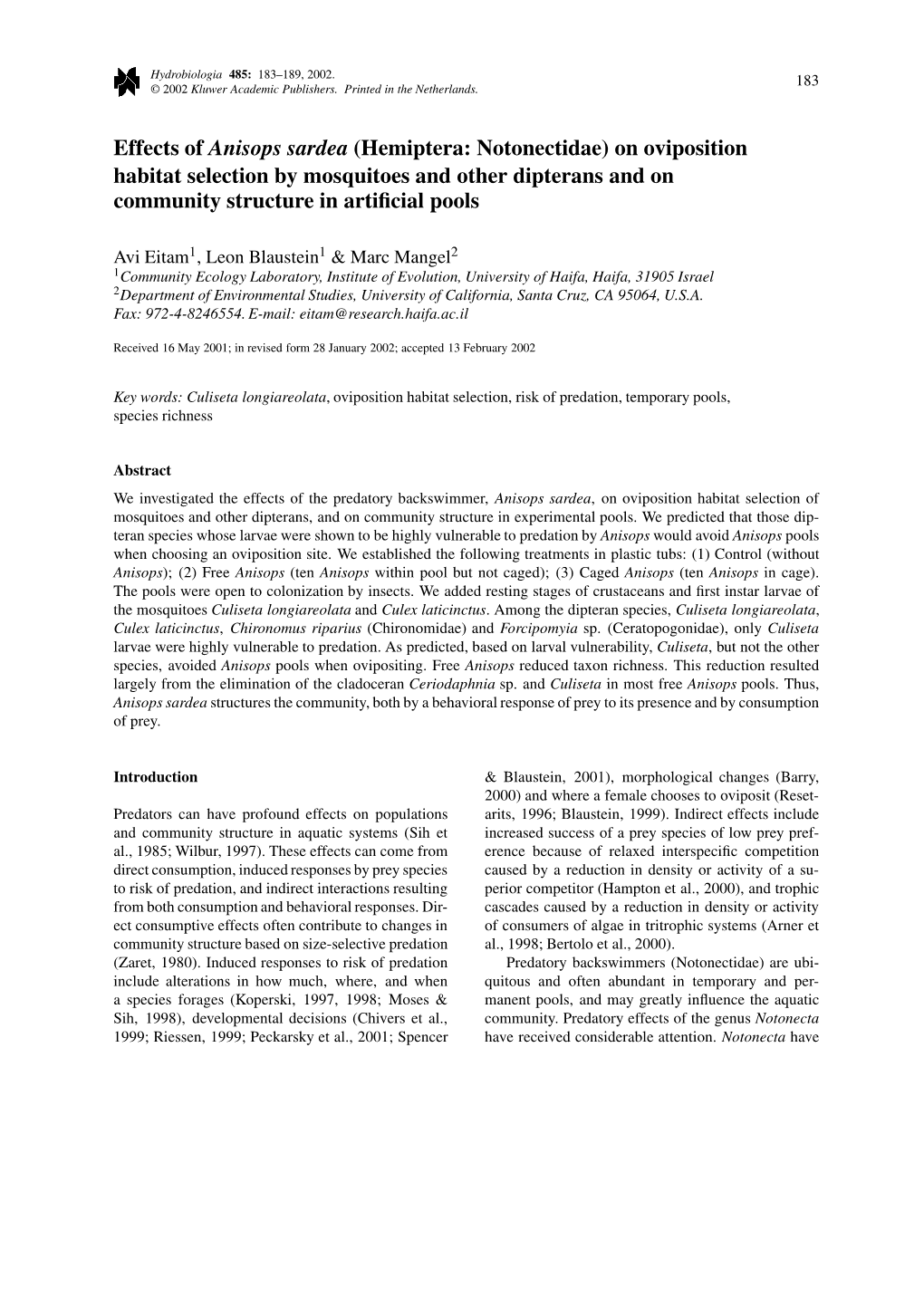 Effects of Anisops Sardea (Hemiptera: Notonectidae) on Oviposition Habitat Selection by Mosquitoes and Other Dipterans and on Community Structure in Artiﬁcial Pools