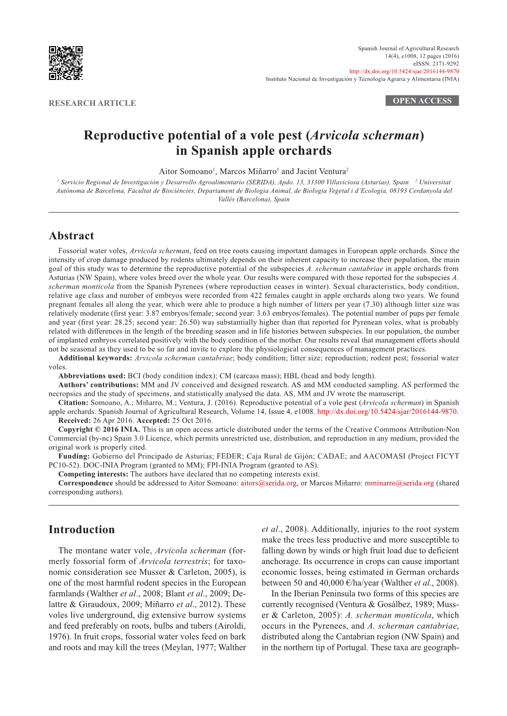 Reproductive Potential of a Vole Pest (Arvicola Scherman) in Spanish Apple Orchards