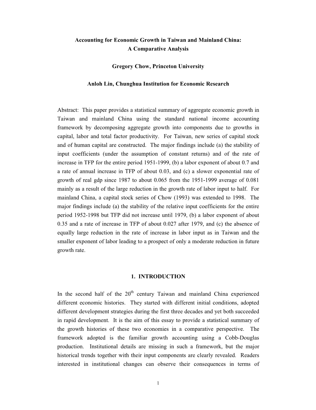 Accounting for Economic Growth in Taiwan and Mainland China: a Comparative Analysis
