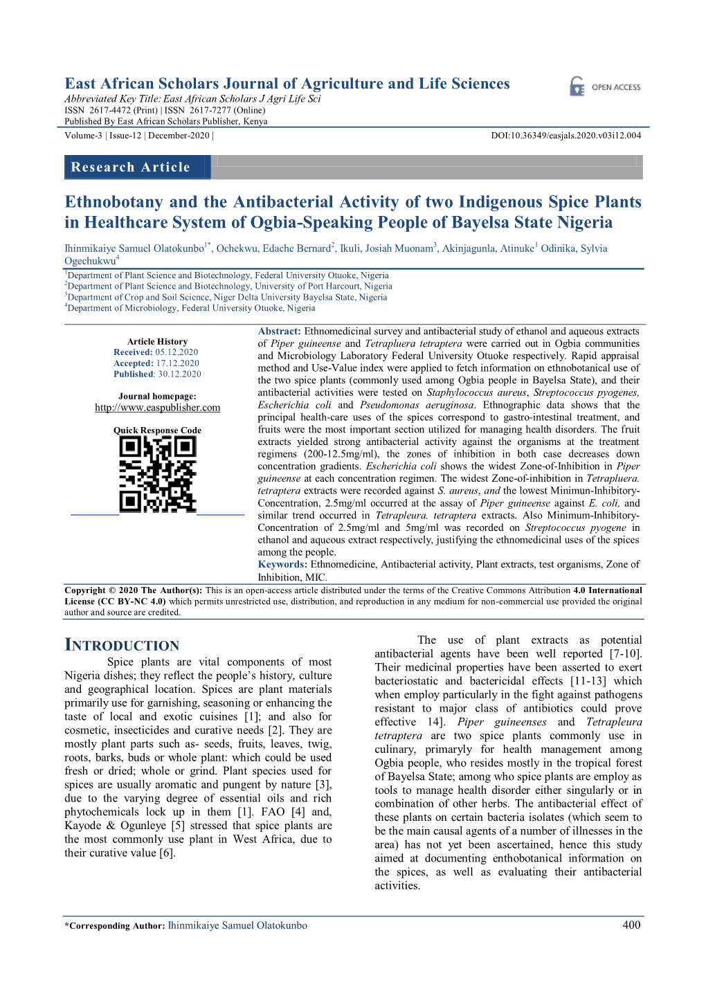 Ethnobotany and the Antibacterial Activity of Two Indigenous Spice Plants in Healthcare System of Ogbia-Speaking People of Bayelsa State Nigeria