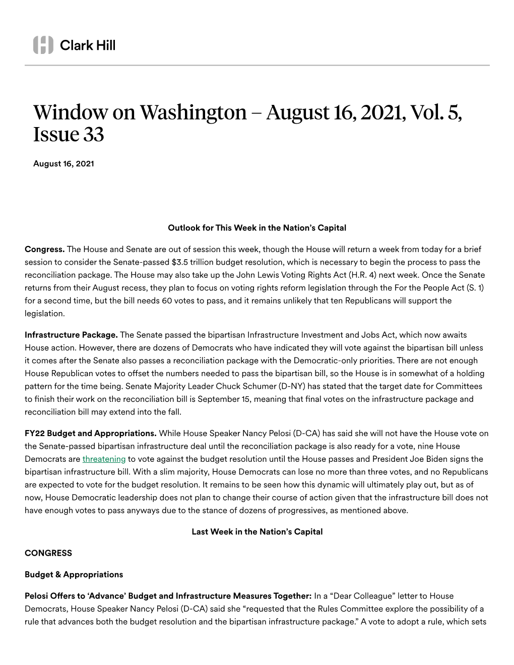 Window on Washington – August 16, 2021, Vol. 5, Issue 33