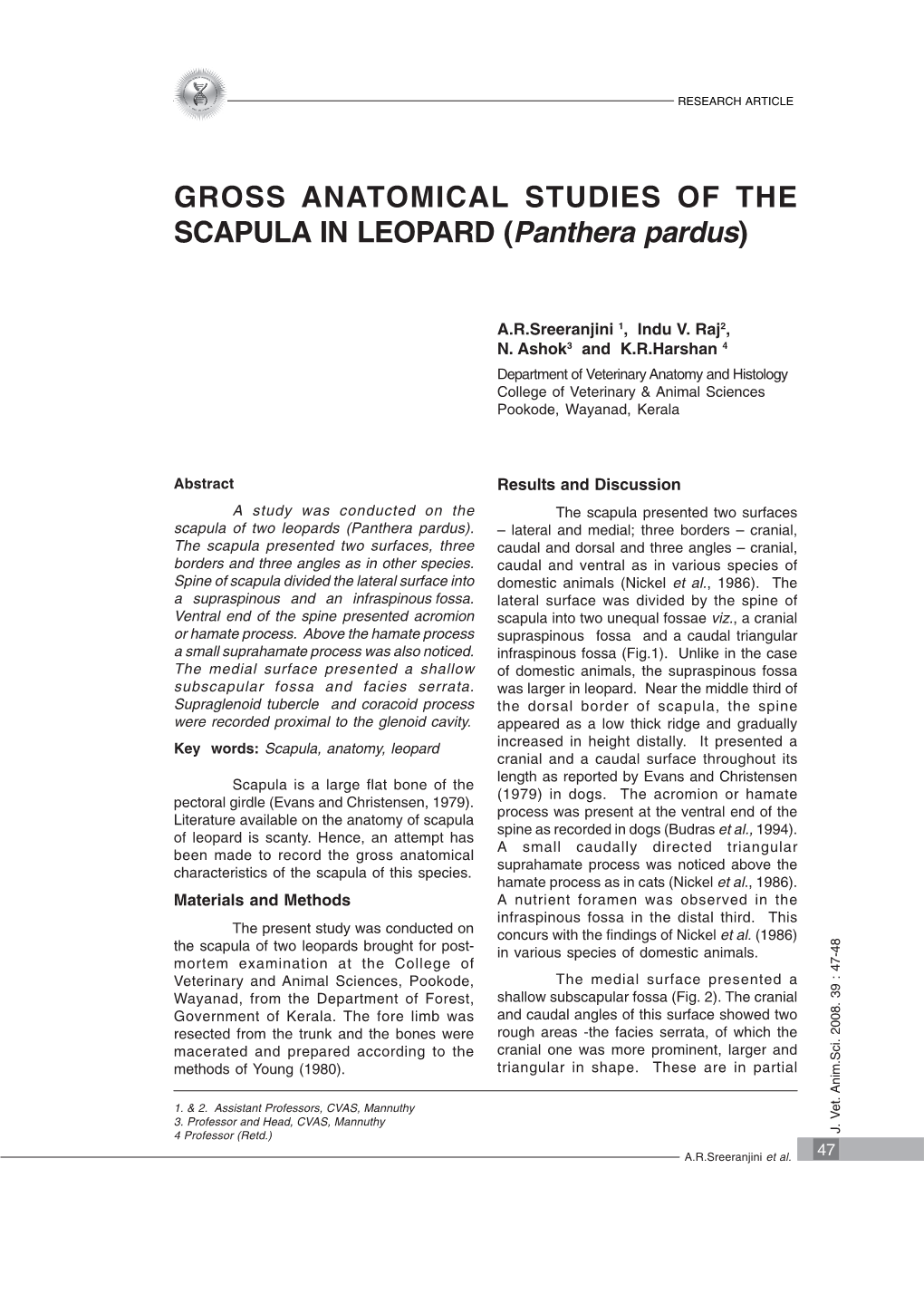 GROSS ANATOMICAL STUDIES of the SCAPULA in LEOPARD (Panthera Pardus)