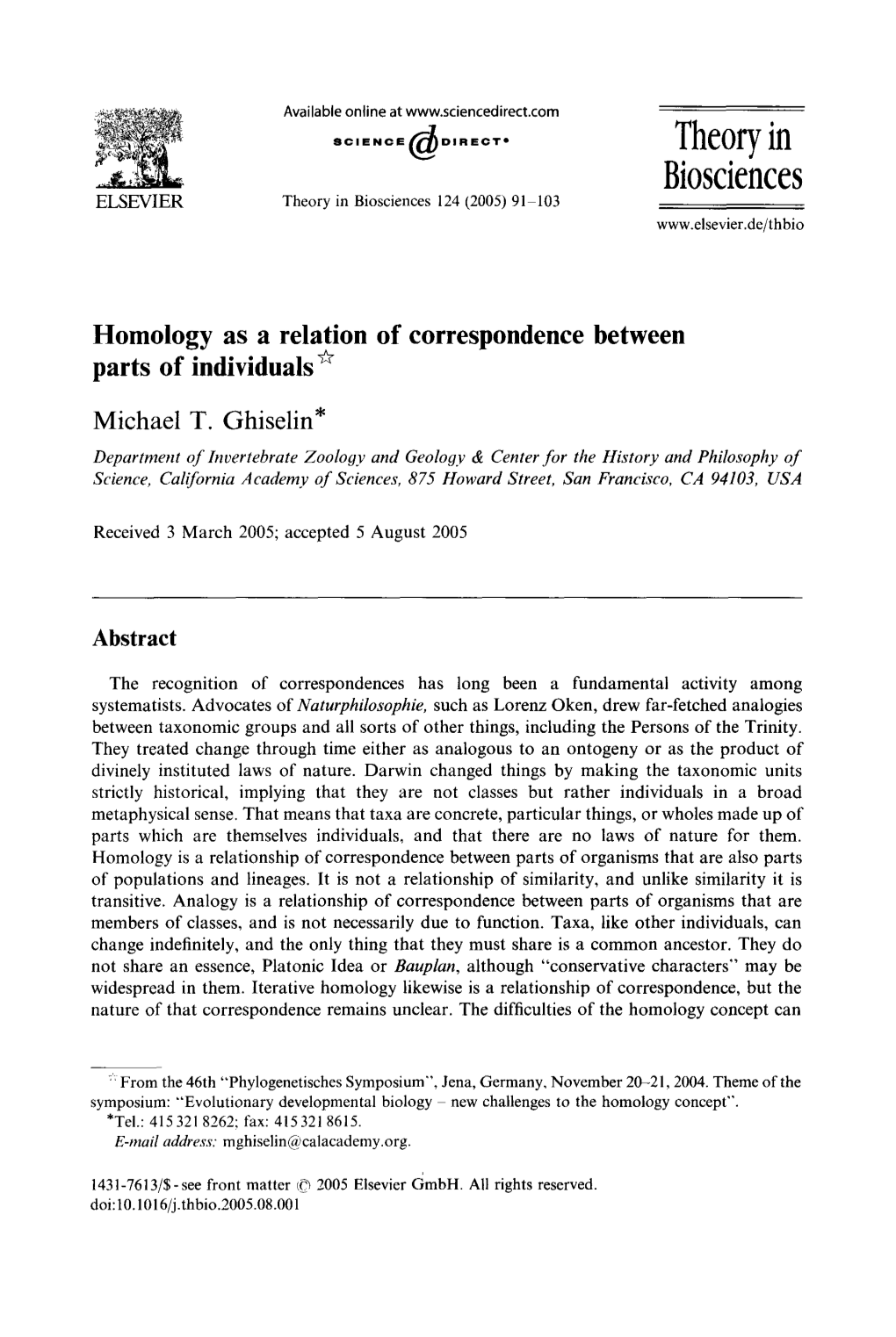 Homology As a Relation of Correspondence Between Parts of Individuals ~