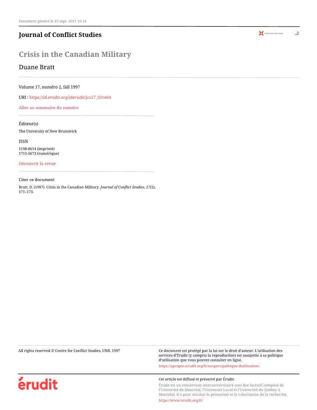 Crisis in the Canadian Military Duane Bratt