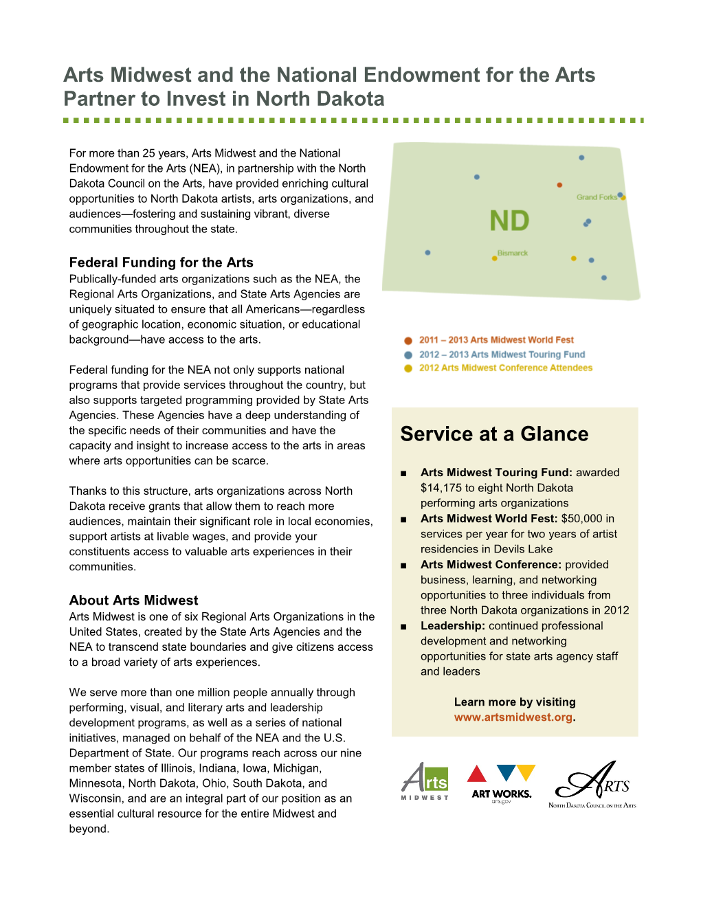 Arts Midwest and the National Endowment for the Arts Partner to Invest in North Dakota Service at a Glance