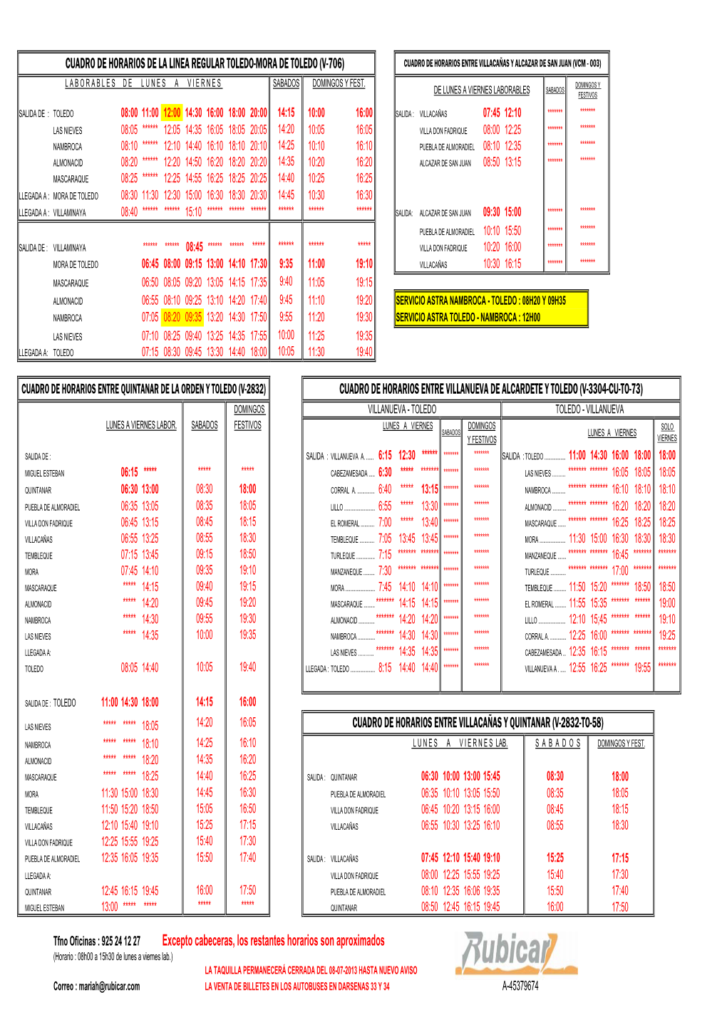 Cuadro De Horarios De La Linea Regular Toledo-Mora De Toledo (V-706) Cuadro De Horarios Entre Villacañas Y Alcazar De San Juan (Vcm - 003)