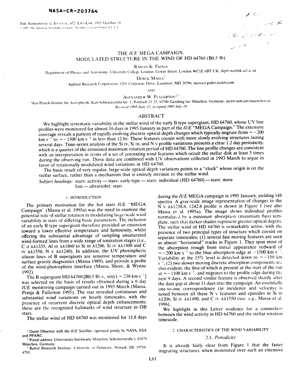 NASA-CR-203764 the IUE MEGA CAMPAIGN. MODULATED STRUCTURE in the WIND of HD 64760 (B0.5 Lb) Department of Ph)Sics and a Tronomv