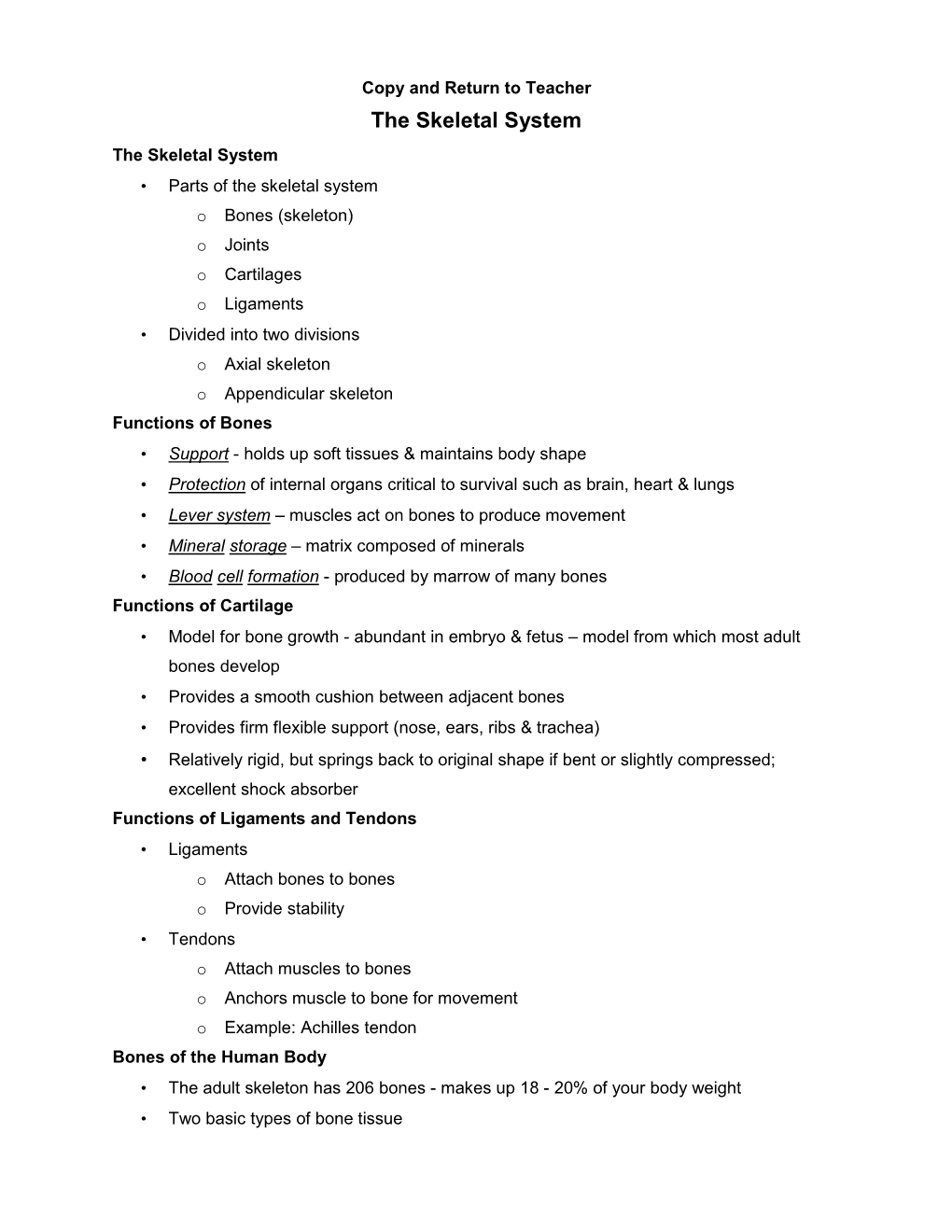 The Skeletal System Part a Ppt Notes