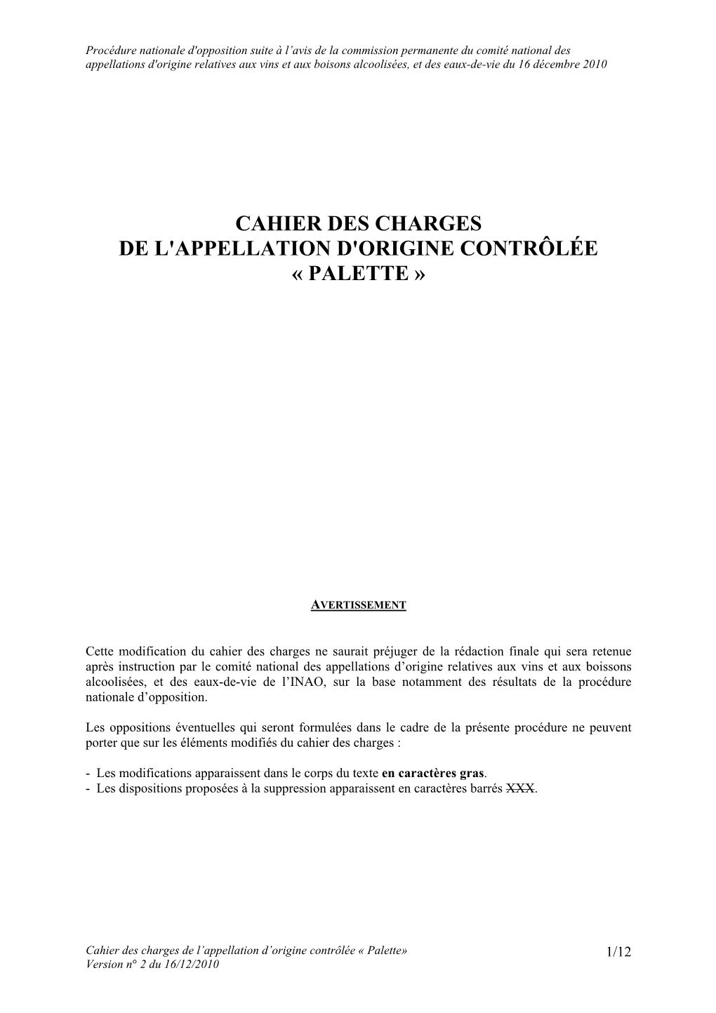 Cahier Des Charges De L'appellation D'origine Contrôlée « Palette »