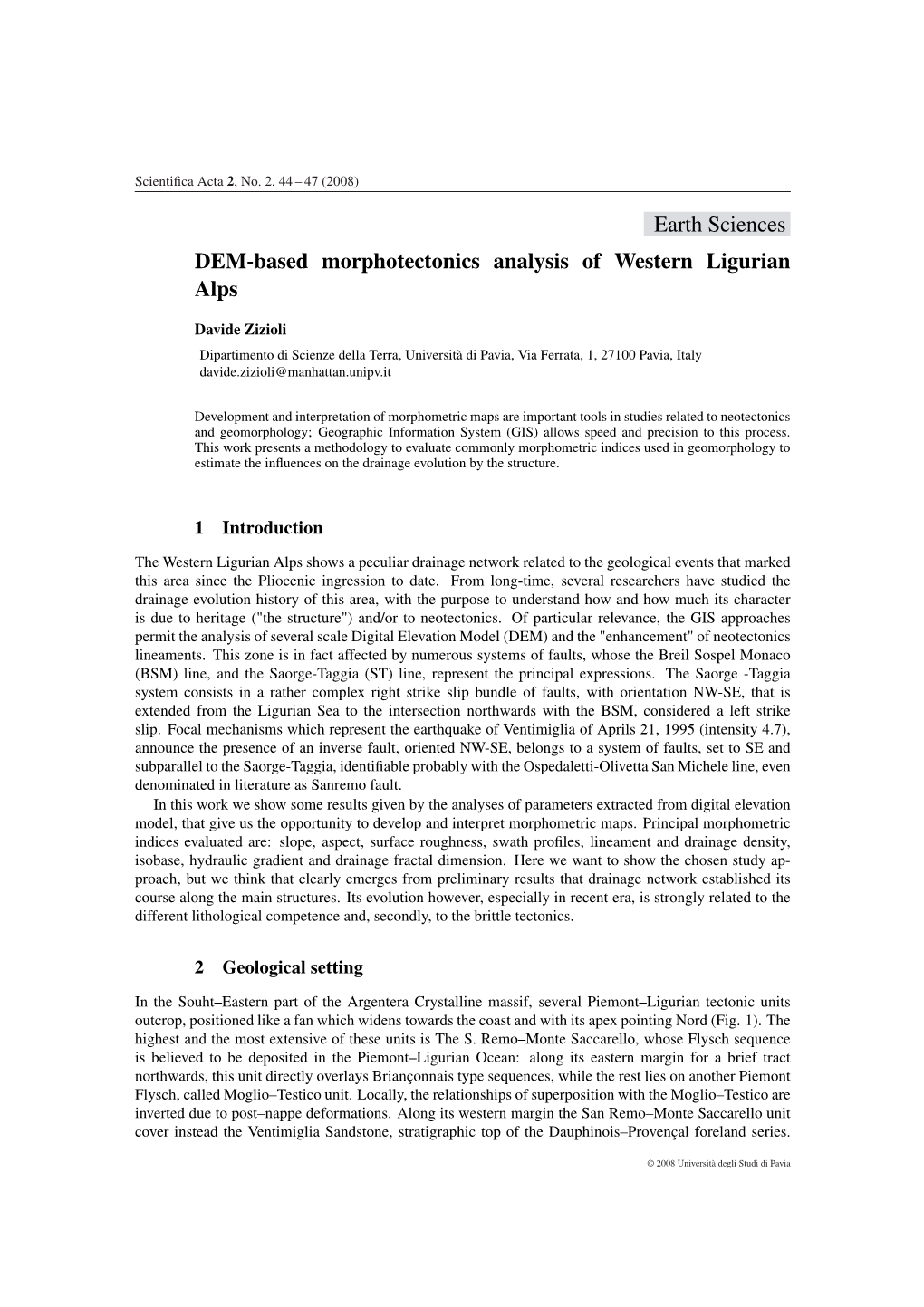 Earth Sciences DEM-Based Morphotectonics Analysis of Western Ligurian Alps