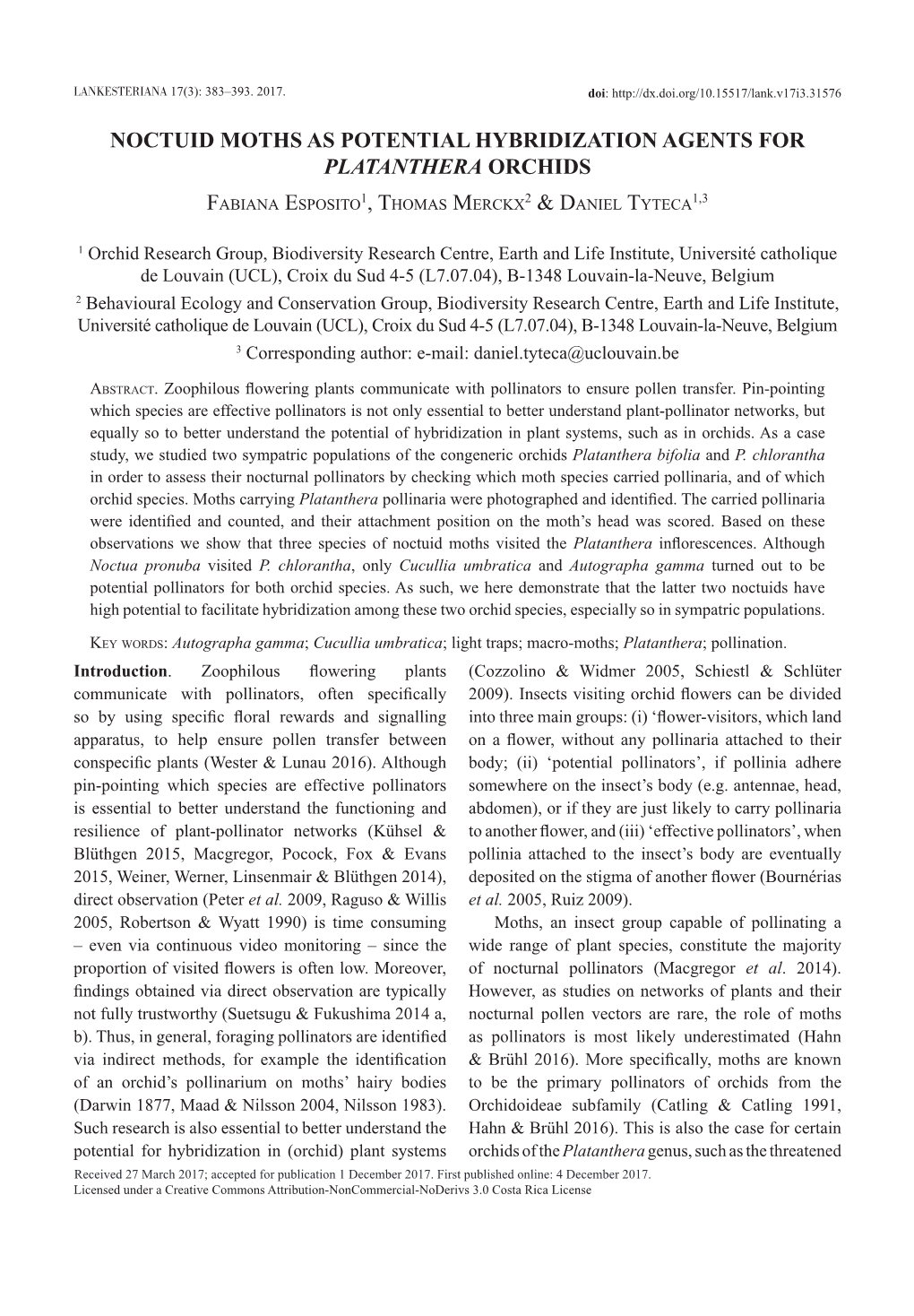 Noctuid Moths As Potential Hybridization Agents for Platanthera Orchids