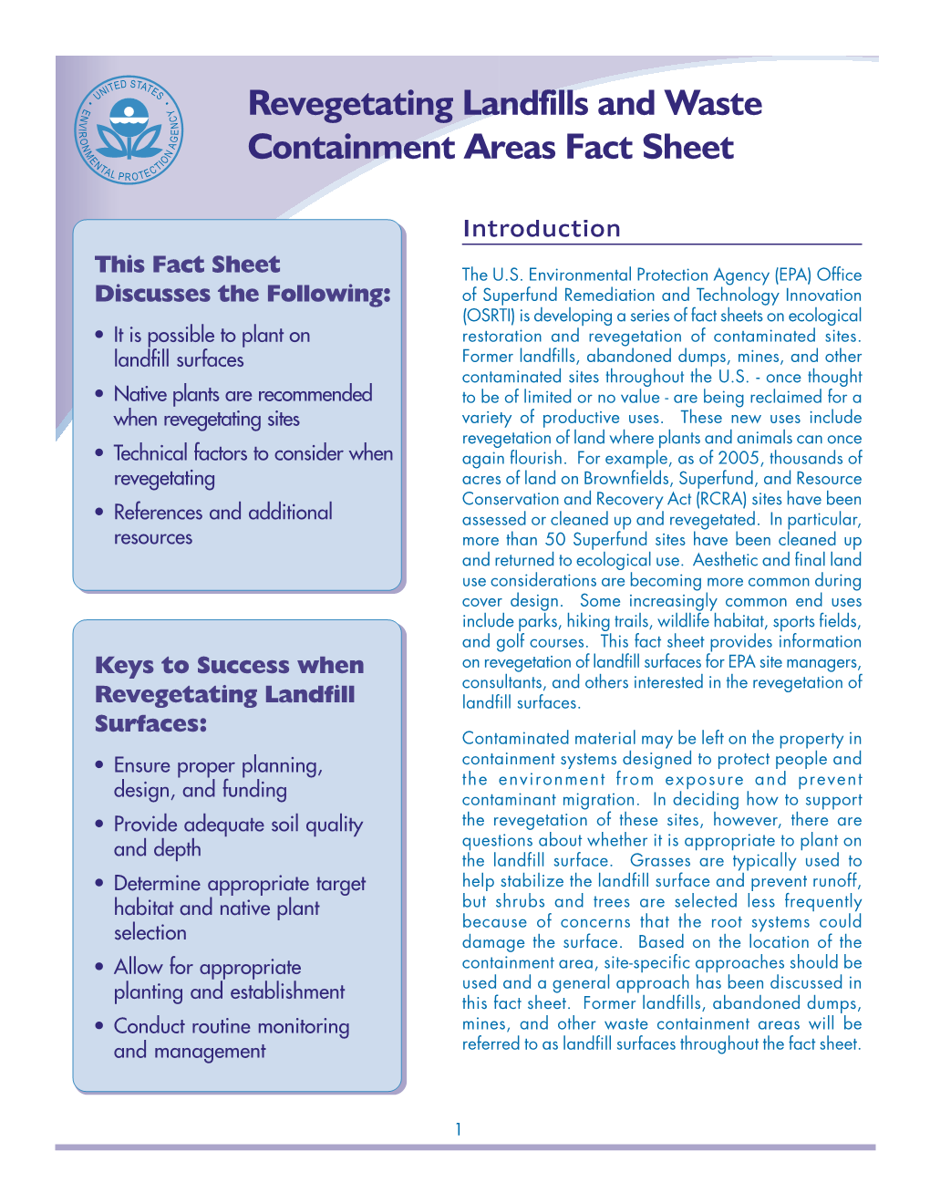 Revegetating Landfills and Waste Containment Areas Fact Sheet