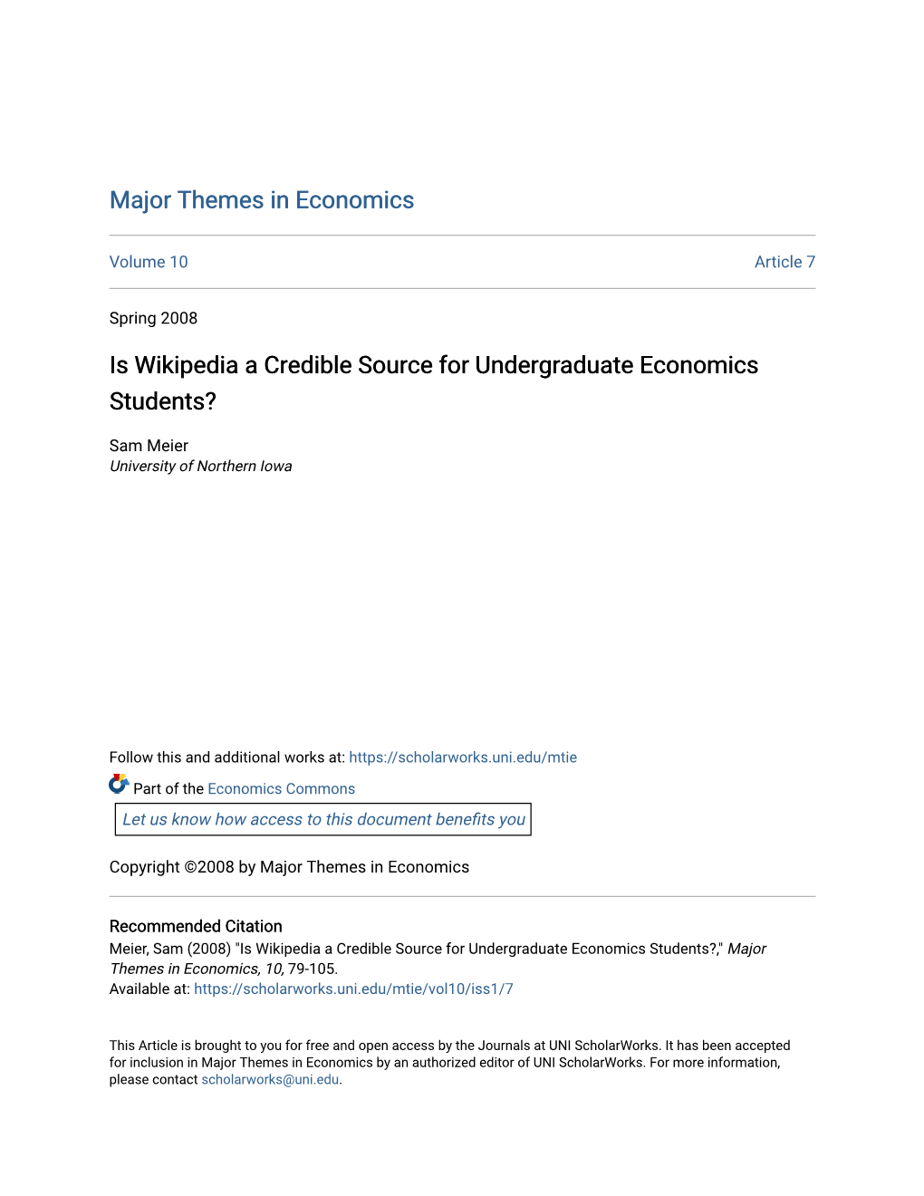 Is Wikipedia a Credible Source for Undergraduate Economics Students?