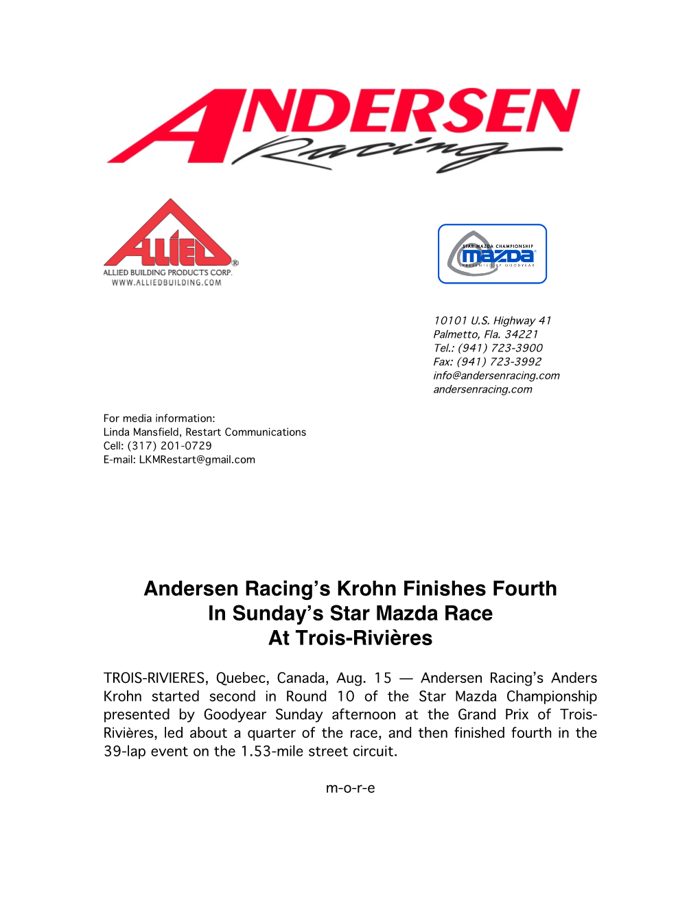 Andersen Racing's Krohn Finishes Fourth in Sunday's Star Mazda